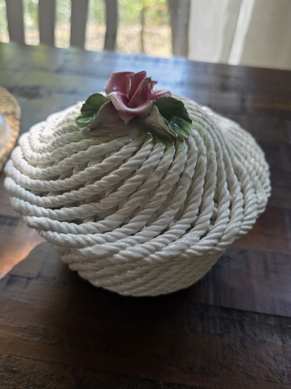 White Rope-Style Decorative Jar with Pink Rose Accent - Home Accents
